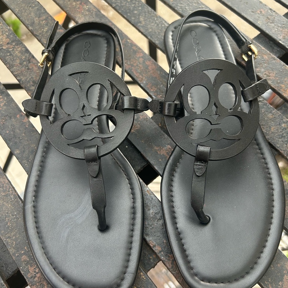 Coach Black Leather Sandals with Cutout Emblem